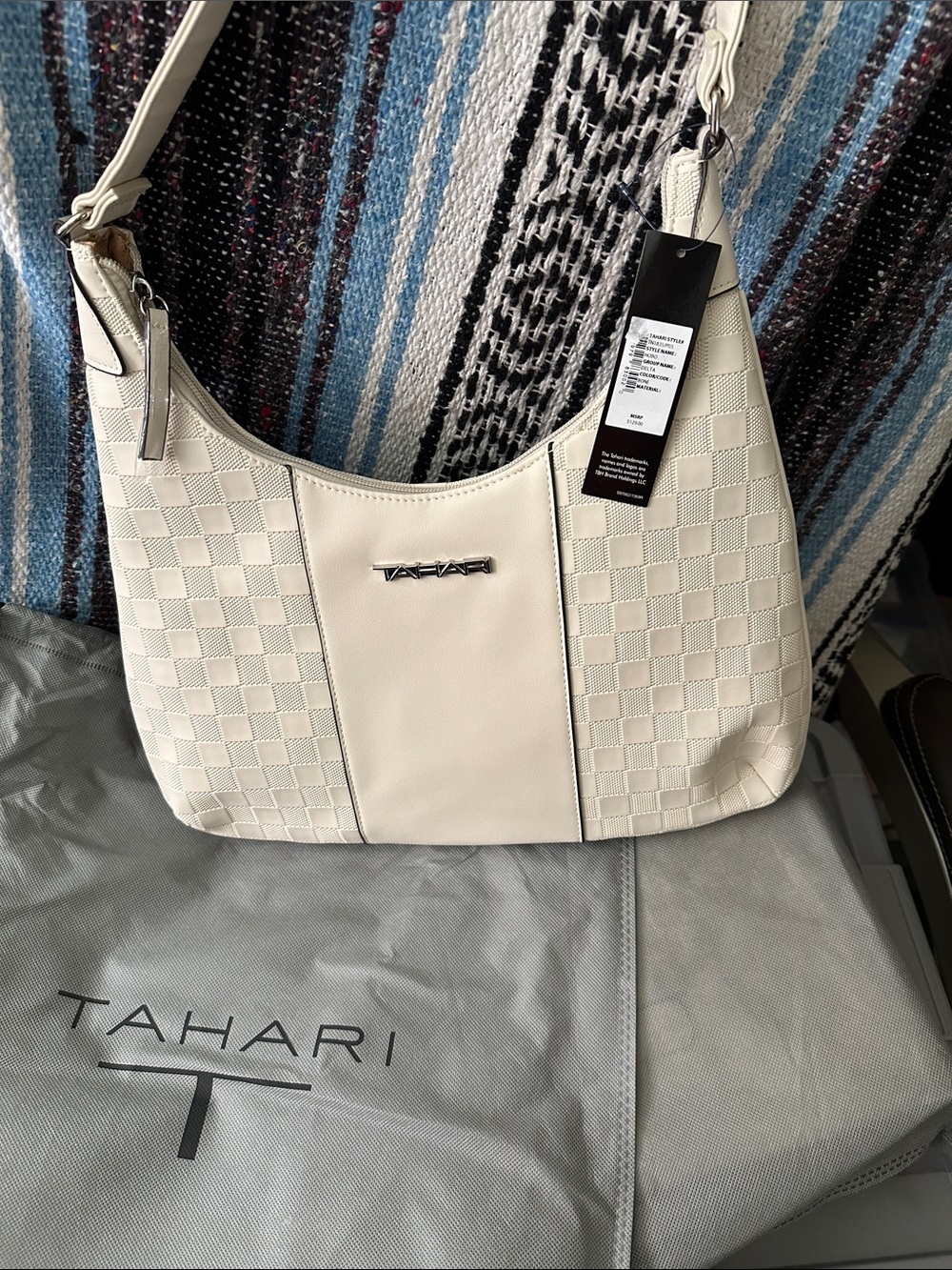 Tahari Cream Checker-Panel Shoulder Bag